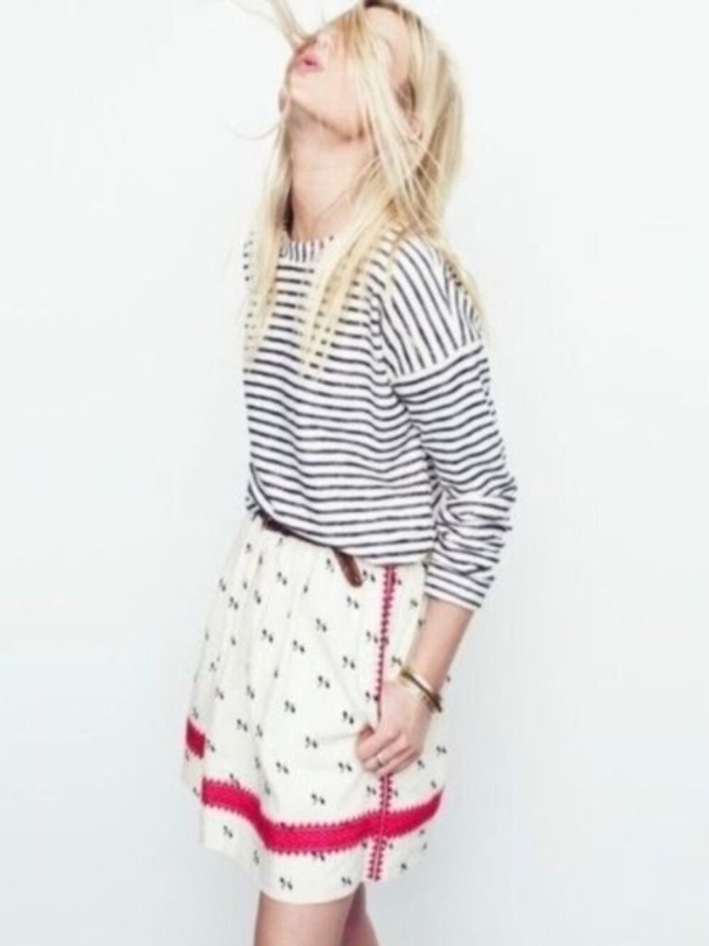 Madewell Cream Black and Pink Trim Embroidered Linen Lined Mini Skirt - …